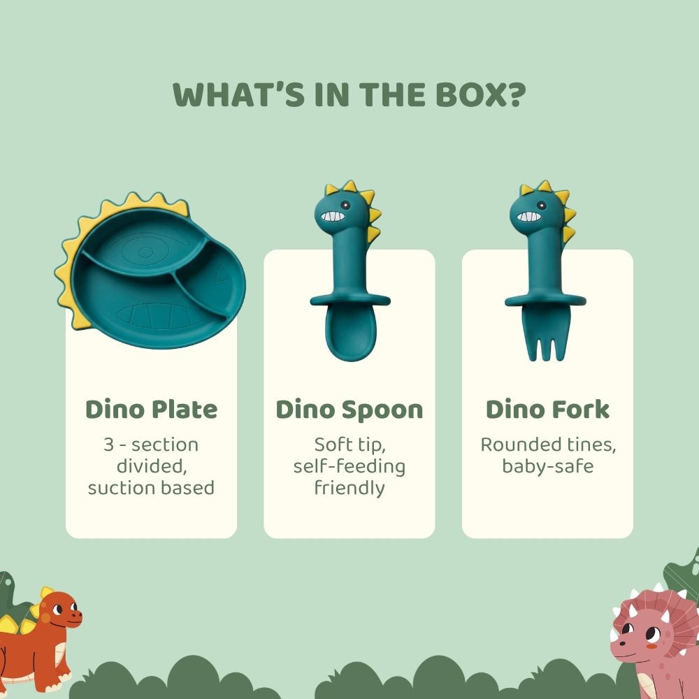 Baby Dino Silicon Suction Feeding Set-Plate With Spoon and Fork, (4Months+) - Baby Feeding set of 3 | haus & kinder