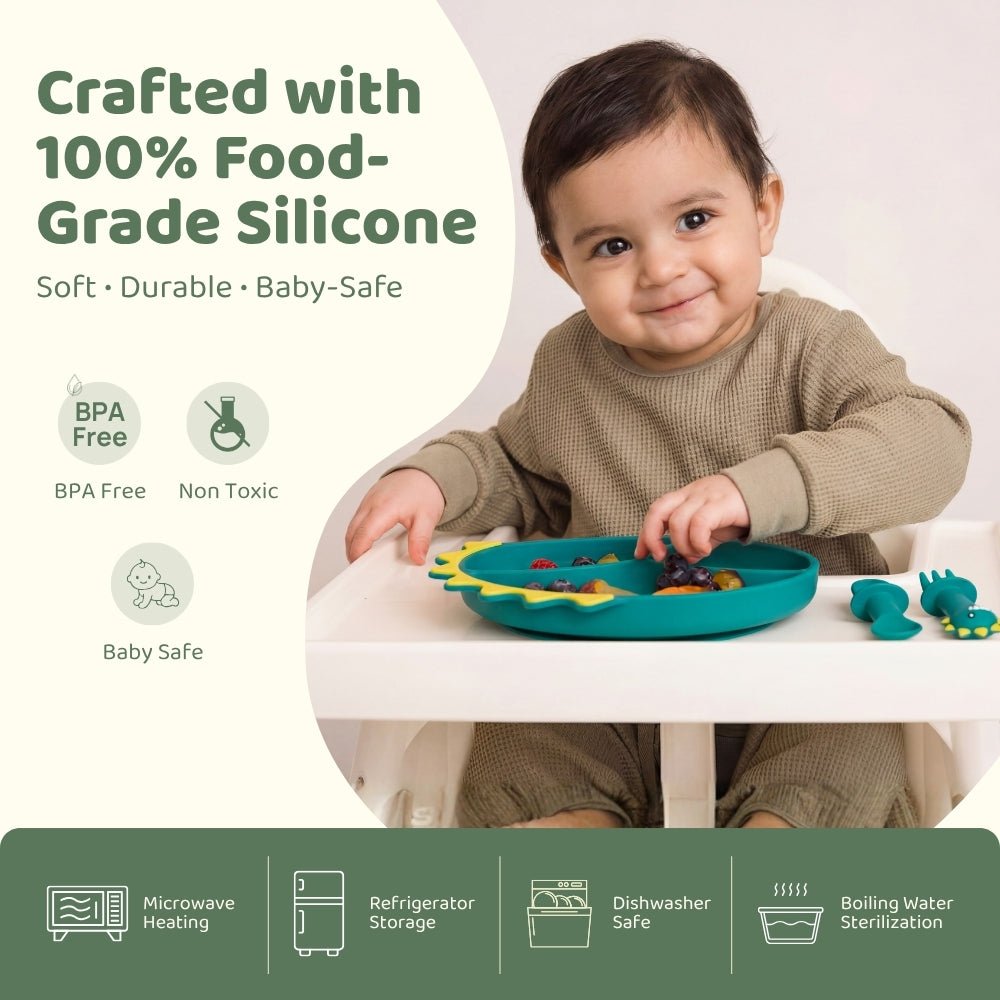 Baby Dino Silicon Suction Feeding Set-Plate With Spoon and Fork, (4Months+) - Baby Feeding set of 3 | haus & kinder