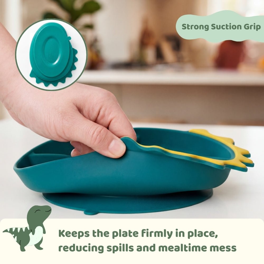 Baby Dino Silicon Suction Feeding Set-Plate With Spoon and Fork, (4Months+) - Baby Feeding set of 3 | haus & kinder