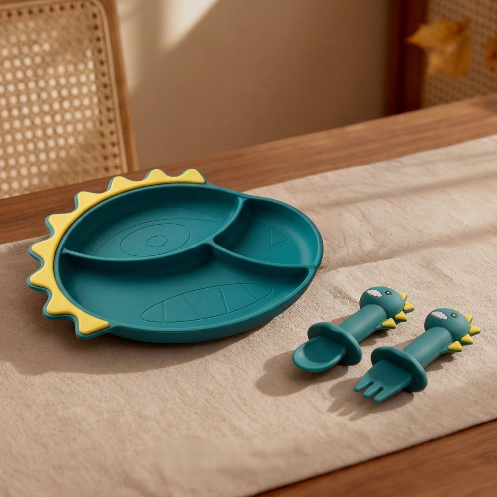 Baby Dino Silicon Suction Feeding Set-Plate With Spoon and Fork, (4Months+) - Baby Feeding set of 3 | haus & kinder