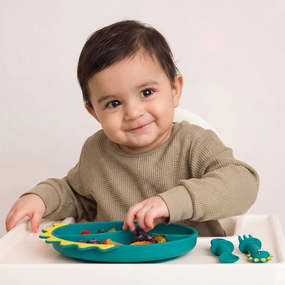 Baby Dino Silicon Suction Feeding Set-Plate With Spoon and Fork, (4Months+) - Baby Feeding set of 3 | haus & kinder