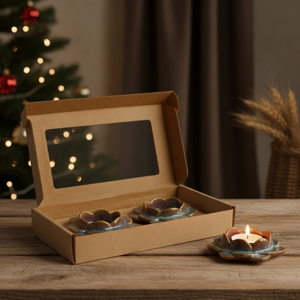 Ceramic Flower Diya, Set of 2- Blue/Brown - Diya | haus & kinder