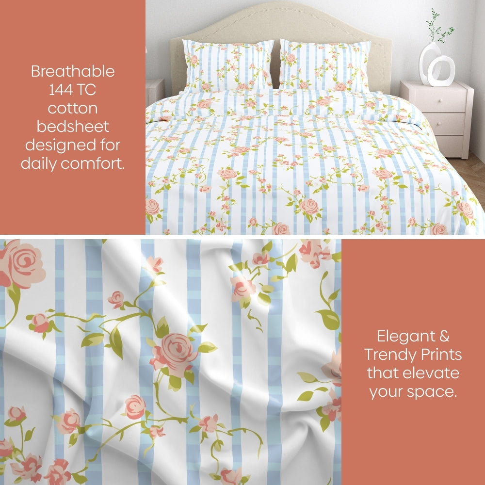 Rosaline Stripes 100% Cotton Double Size Bedsheet, 144 TC