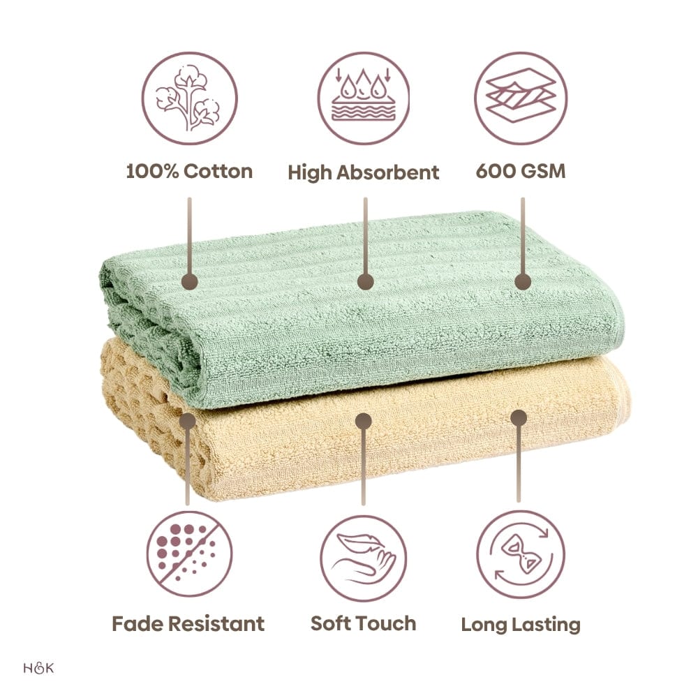 100% Cotton Allure Zero Twist Bath Towel - Pack Of 2 (Beige, Sage Green)