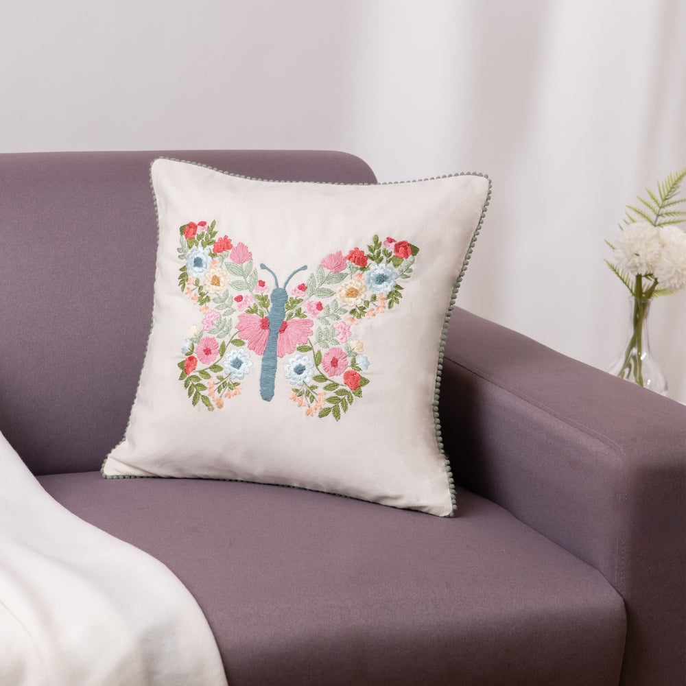Embroidered Decorative Cushion Cover, Blossom Butterfly Bunch