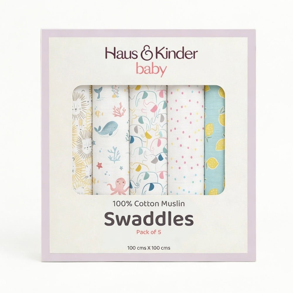 Dream Safari 100% Cotton Muslin Swaddle Pack Of 5 | 0 to 3 Months - Swaddles | haus & kinder