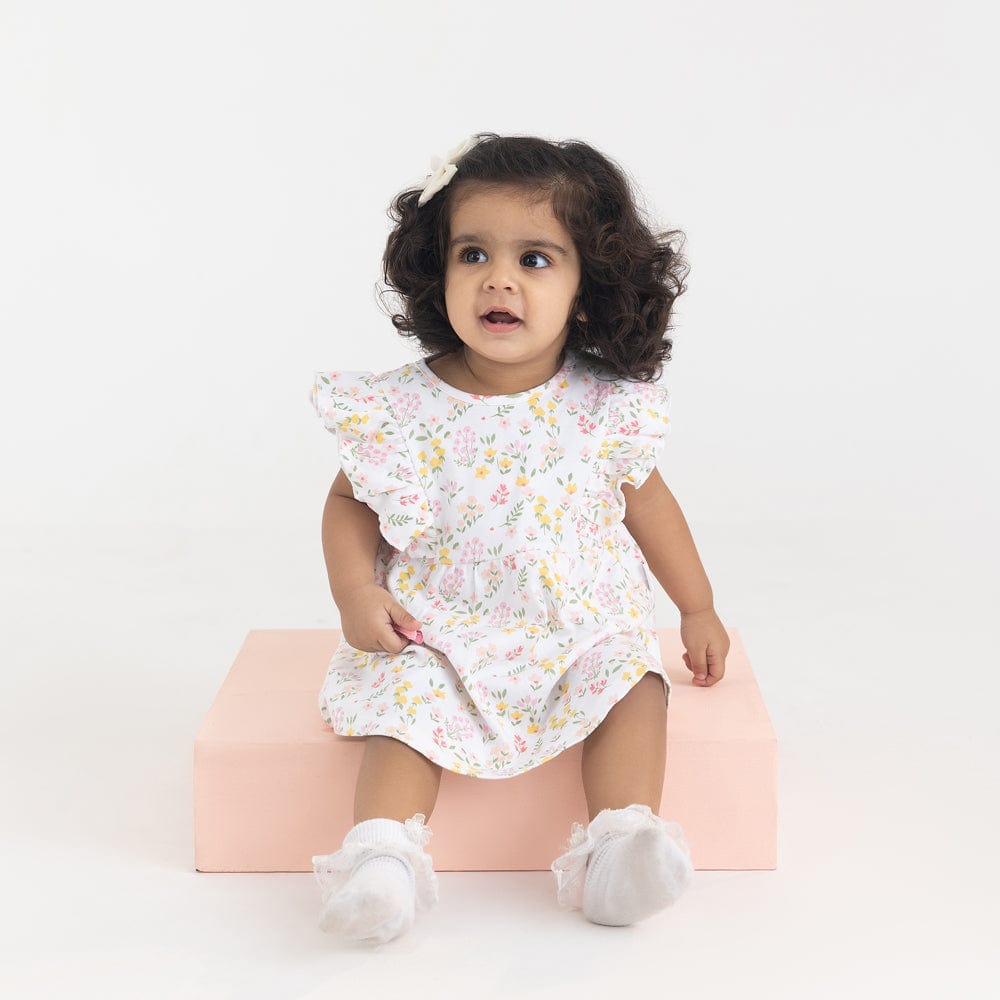 100% Cotton Cap Sleeve Girl Frock With Bloomer, White