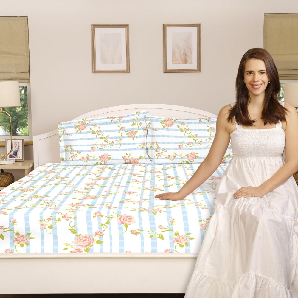 Rosaline Stripes 100% Cotton Double Size Bedsheet, 144 TC