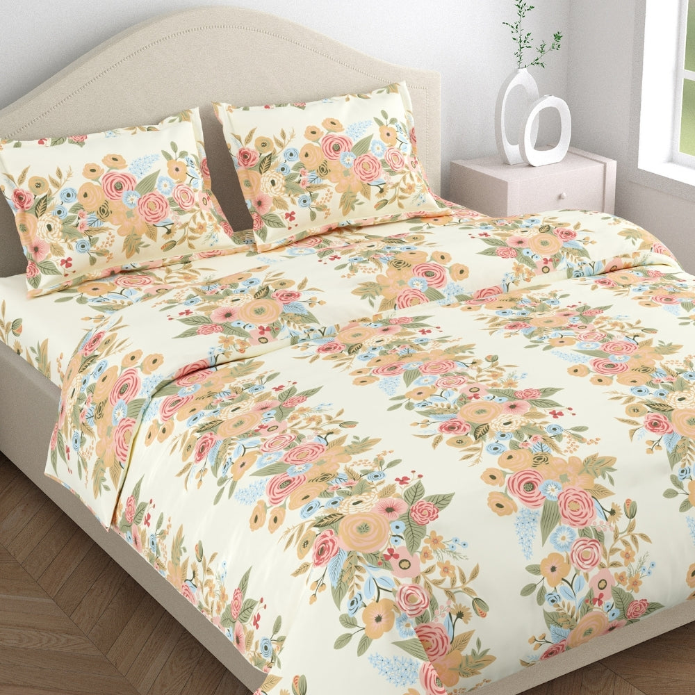 Vintage Peony 100% Cotton Double Size Bedsheet, 144 TC