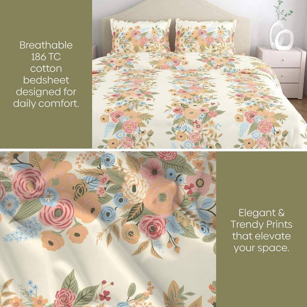 Vintage Peony 100% Cotton Double Size Bedsheet, 144 TC - Bedsheets | haus & kinder