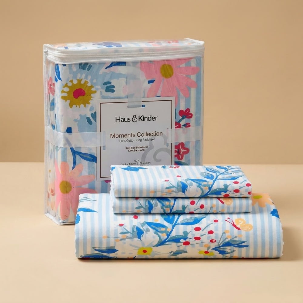 Moments 100% Cotton 186 TC King Bedsheet, Blue (Gift Set) - King Size | haus & kinder