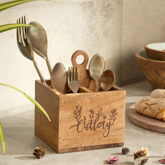 Floral Acacia Wood cutlery holder