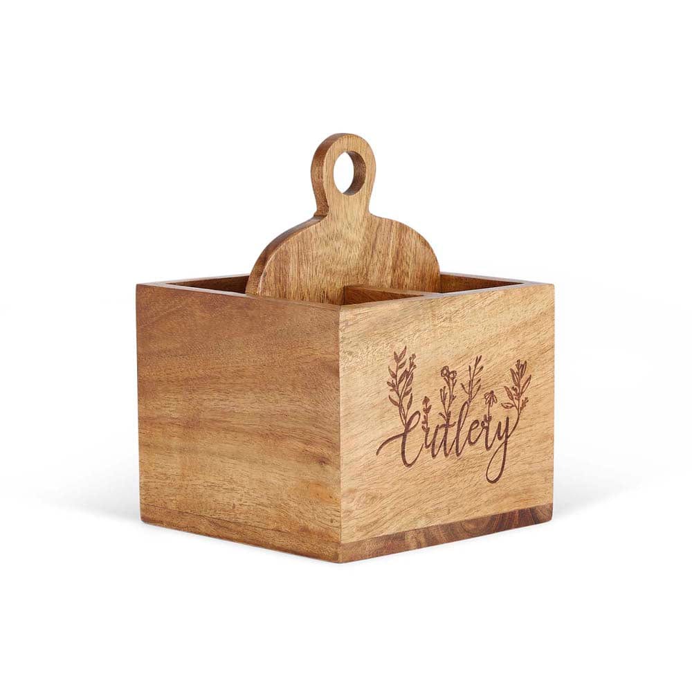 Floral Acacia Wood cutlery holder