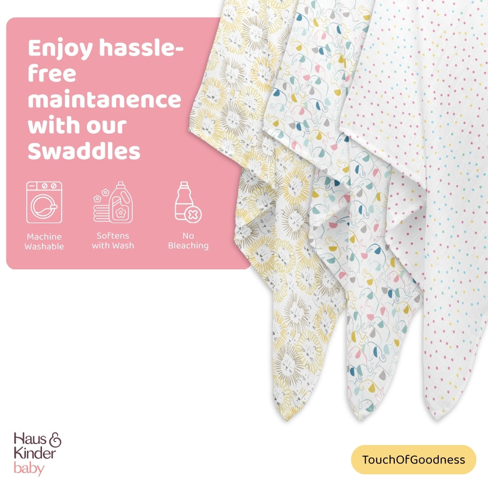 Jungle Collection 100% Cotton Soft Muslin Swaddles Wrap for Newborn Baby - Pack of 3, Multicolor