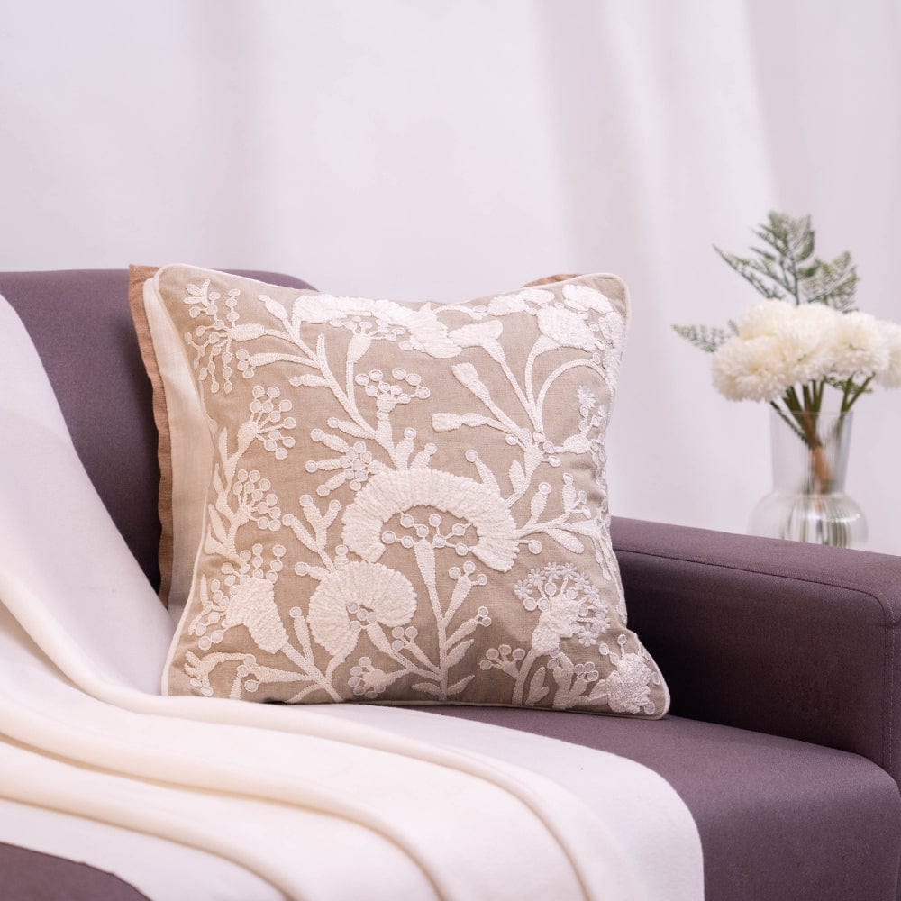 Embroidered Decorative Cushion Cover, Serene Foliage Bunch