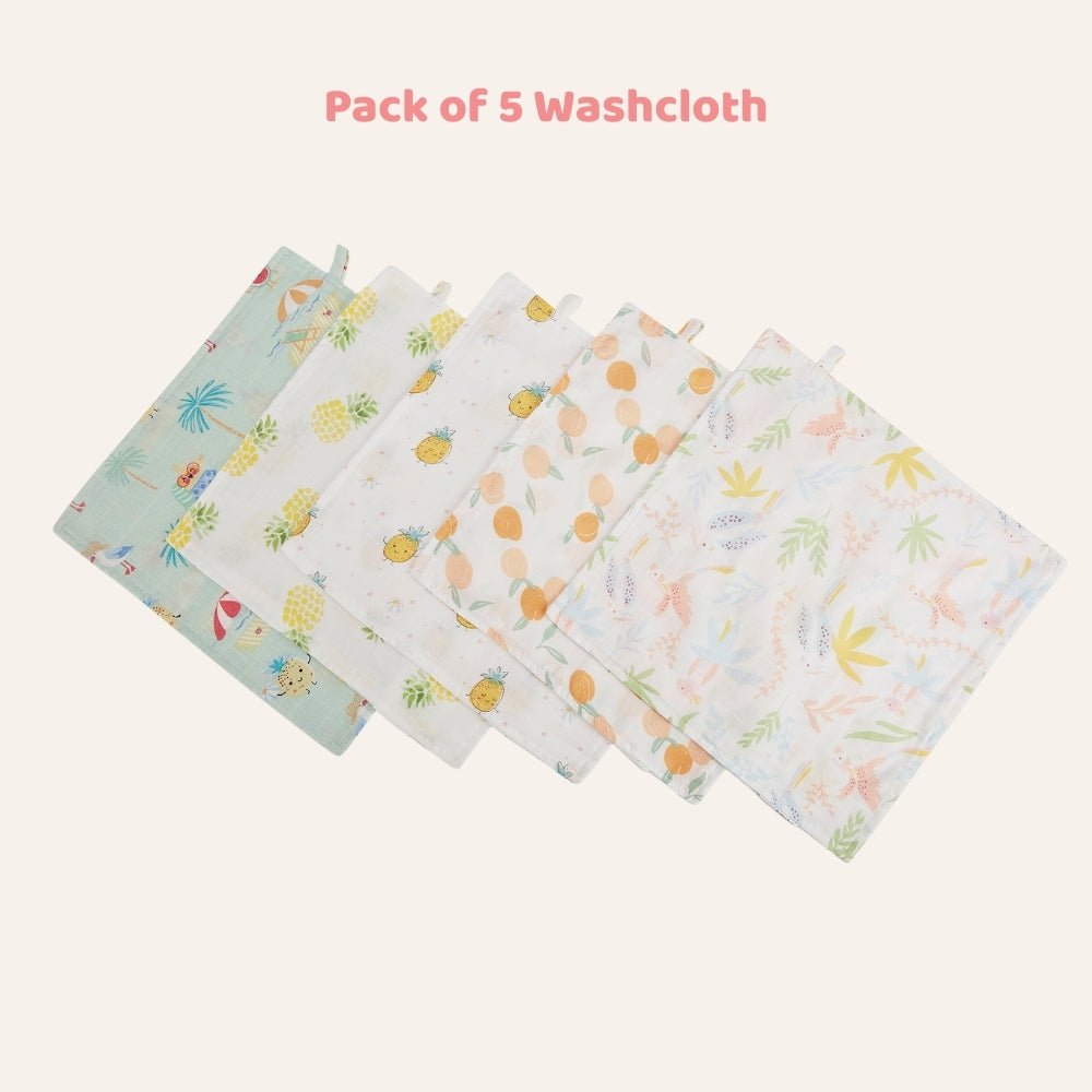Tropical Twist 100% Cotton Pack of 5 Wash Cloth 0 - 12 Months - Baby Essentials | haus & kinder