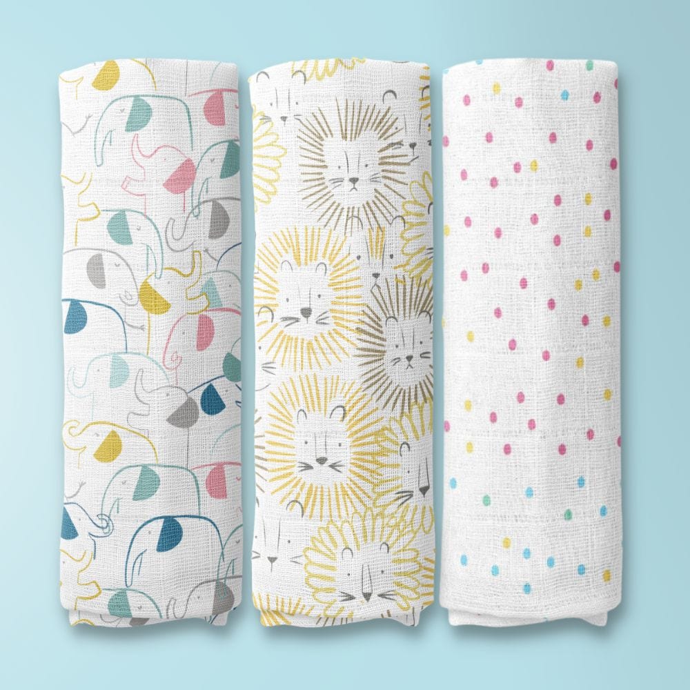 Jungle Collection 100% Cotton Soft Muslin Swaddles Wrap for Newborn Baby - Pack of 3 (100 x 100 cm, Yellow, Multicolor)