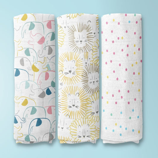 Jungle Collection 100% Cotton Soft Muslin Swaddles Wrap for Newborn Baby - Pack of 3 (100 x 100 cm, Yellow, Multicolor)