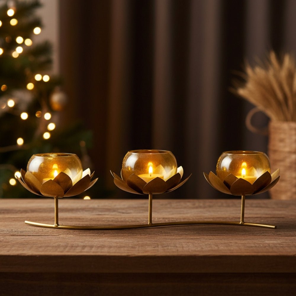 Metal Flower Glass 3 in 1 Tea Light Holder, Gold - Tea Light Holder | haus & kinder