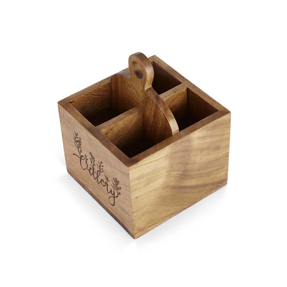 Floral Acacia Wood cutlery holder