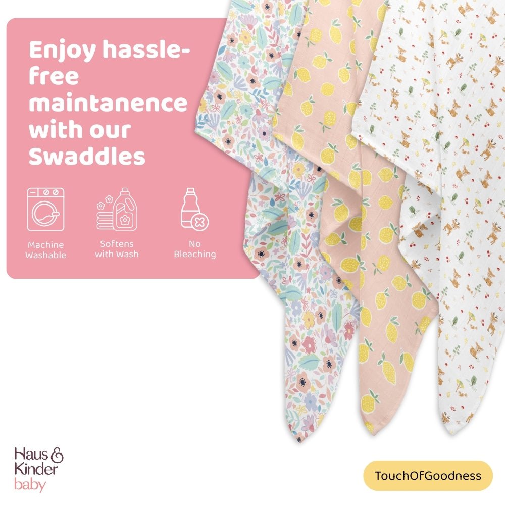 Citrus groove Collection 100% Cotton Muslin Swaddle Pack Of 3 | 0 to 3 Months - Swaddles | haus & kinder