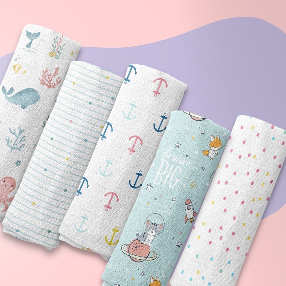 Nautical Collection 100% Cotton Muslin Swaddle Pack Of  5