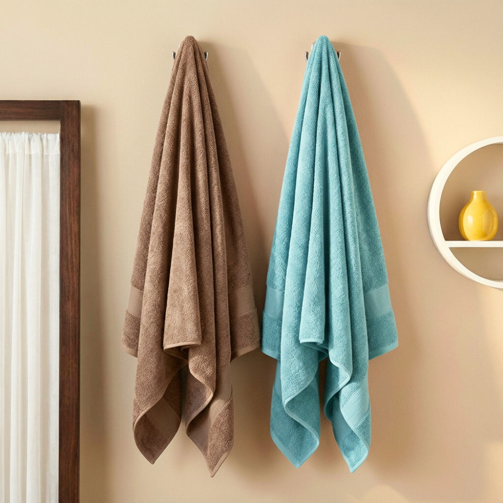 100% Cotton Harmony Combed Bath Towel- Pack Of 2 (Coastal Blue, Taupe)
