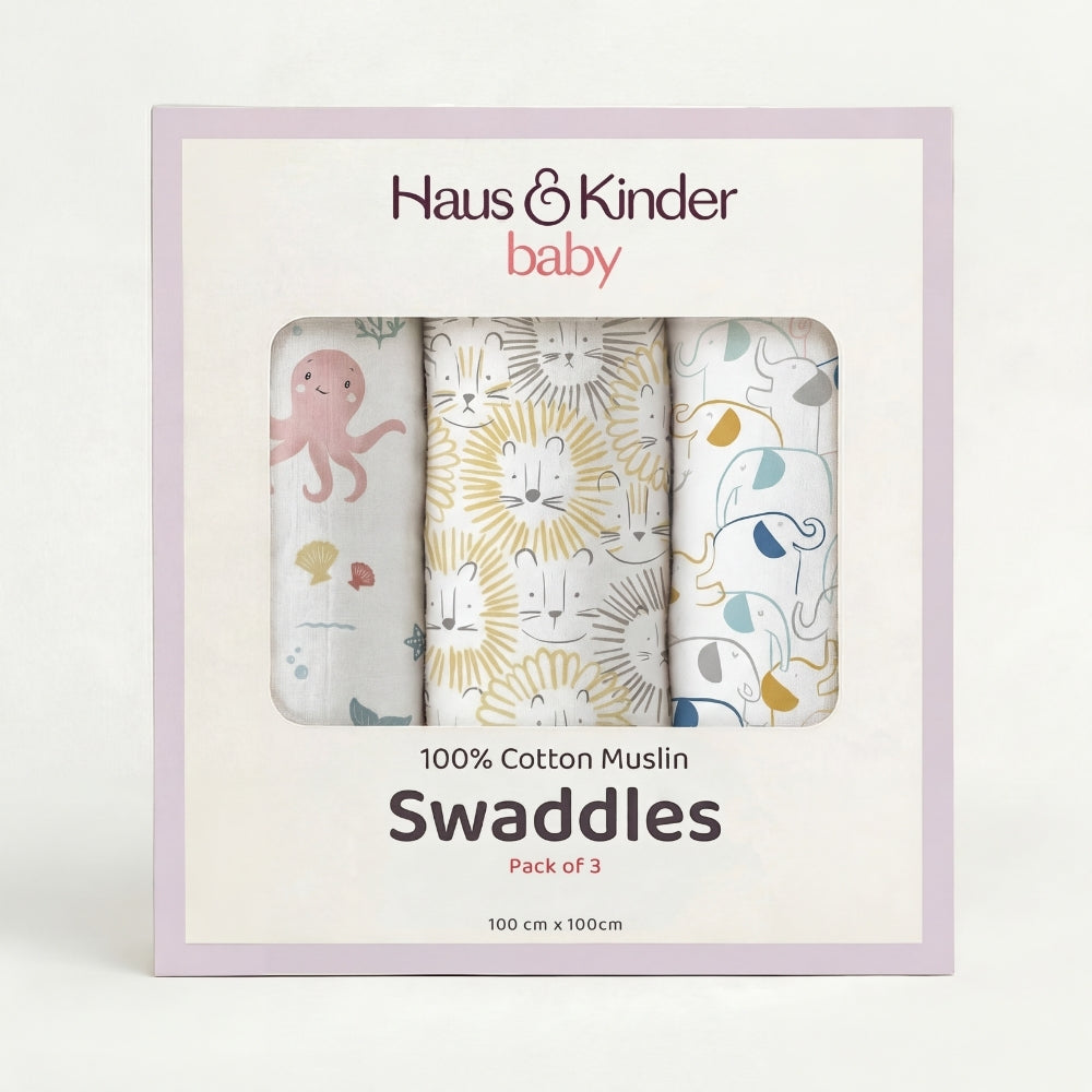 Animal Arcade Collection 100% Cotton Muslin Swaddle Pack Of 3