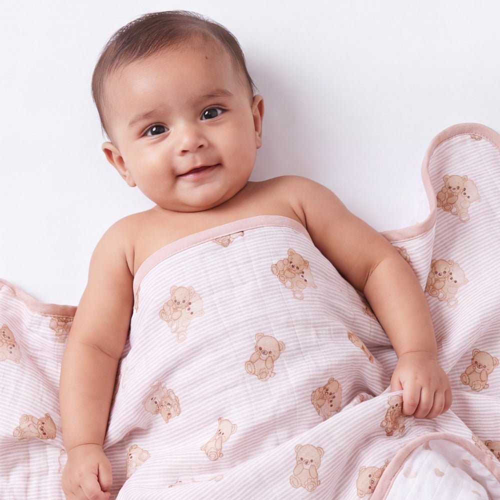 Twin Teddy 3-Layer Reversible Muslin Baby Blanket - Swaddles and Blankets | haus & kinder