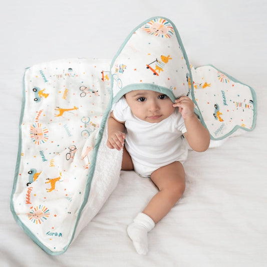 Cotton Muslin-Terry Hooded Towel ( Newborn - 12 Months) - Jungle Party