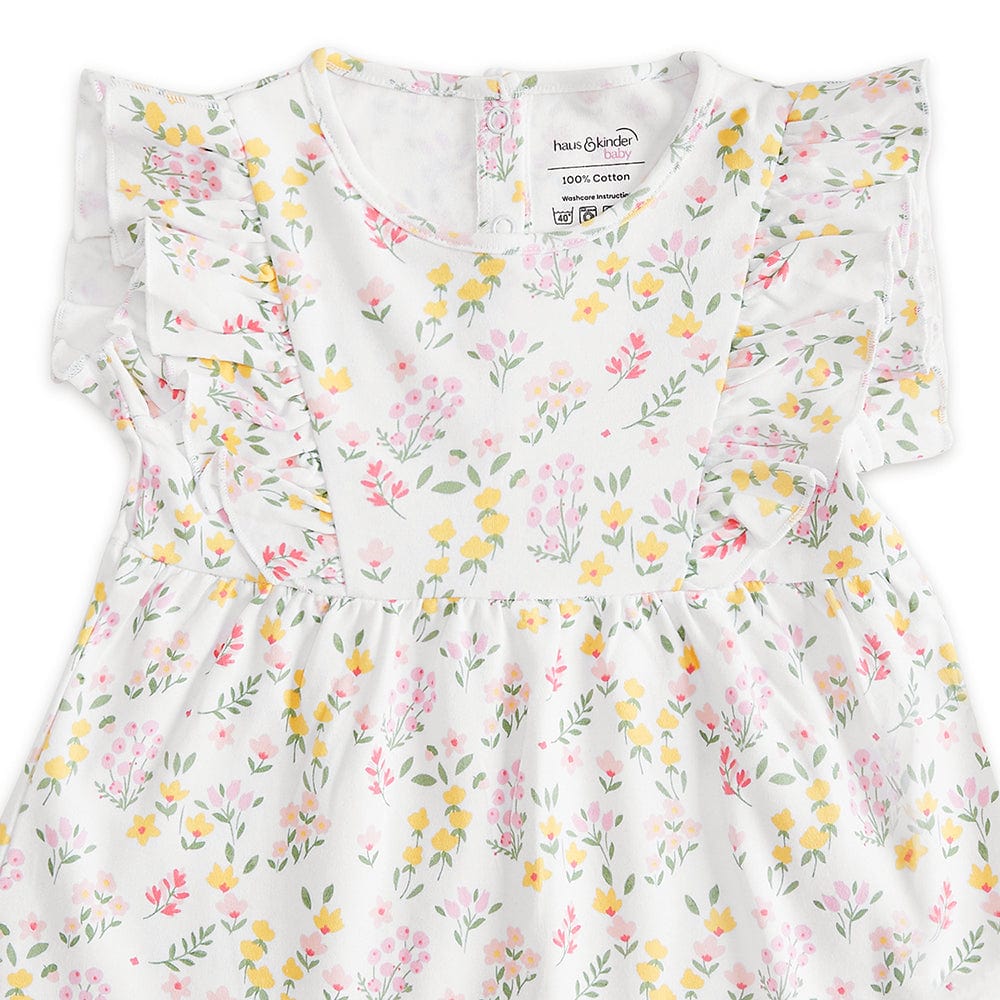100% Cotton Cap Sleeve Girl Frock With Bloomer, White