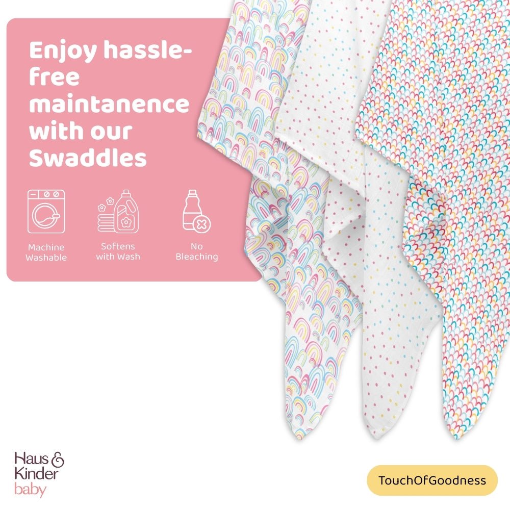 Rainbow Collection 100% Cotton Soft Muslin Swaddles Wrap 0-3Months Pack of 3 - Swaddles | haus & kinder