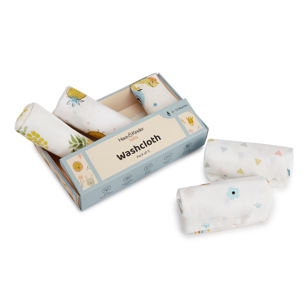 Jungle Party 100% Cotton Pack of 5 Wash Cloth 0 - 12 Months - Baby Essentials | haus & kinder
