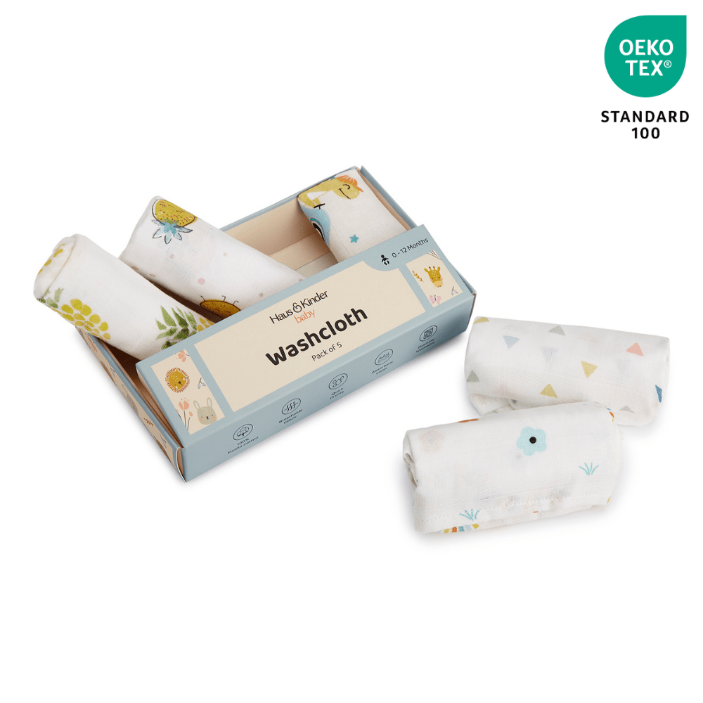 Jungle Party 100% Cotton Pack of 5 Wash Cloth 0 - 12 Months - Baby Essentials | haus & kinder