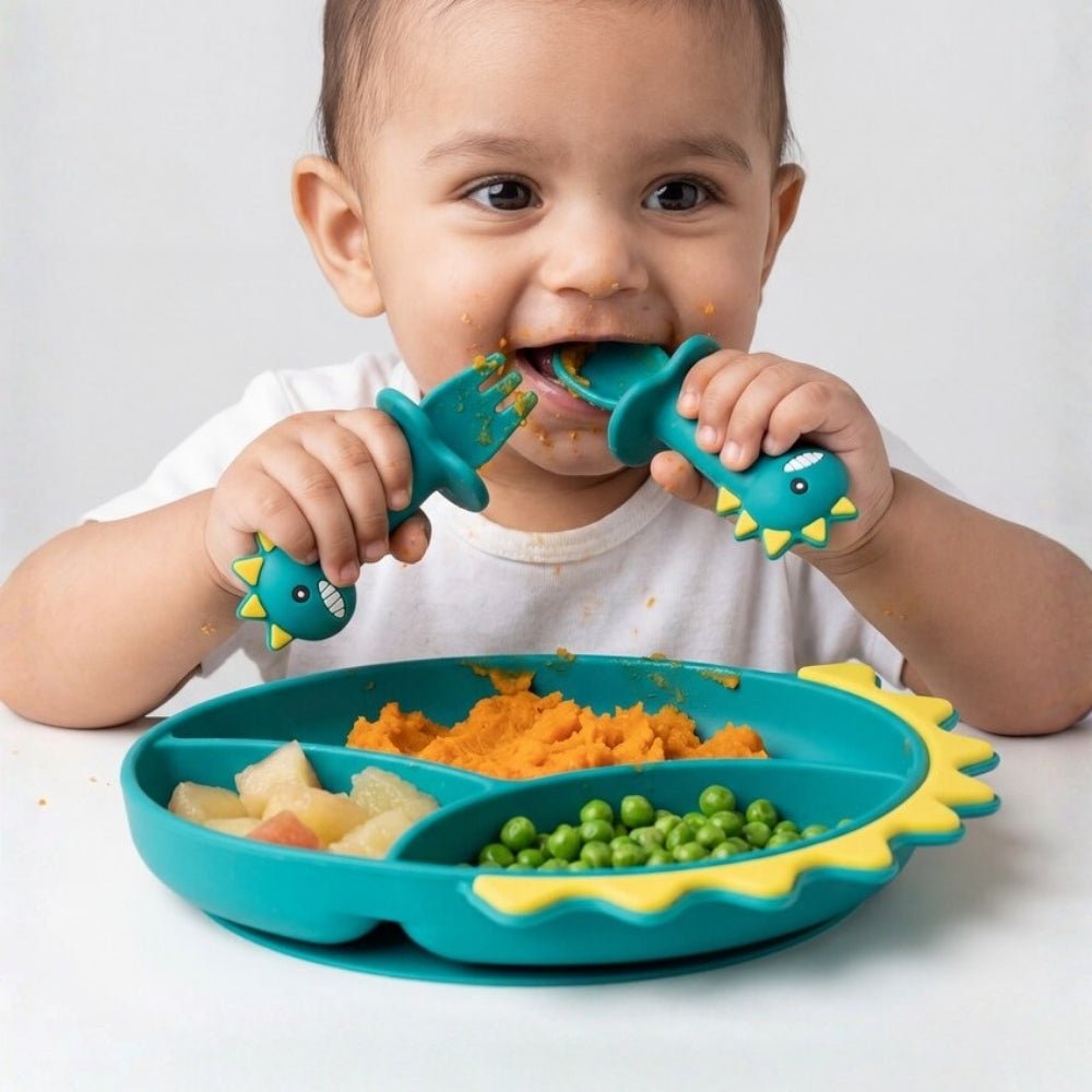 Baby Dino Silicon Suction Feeding Set-Plate With Spoon and Fork, (4Months+) - Baby Feeding set of 3 | haus & kinder