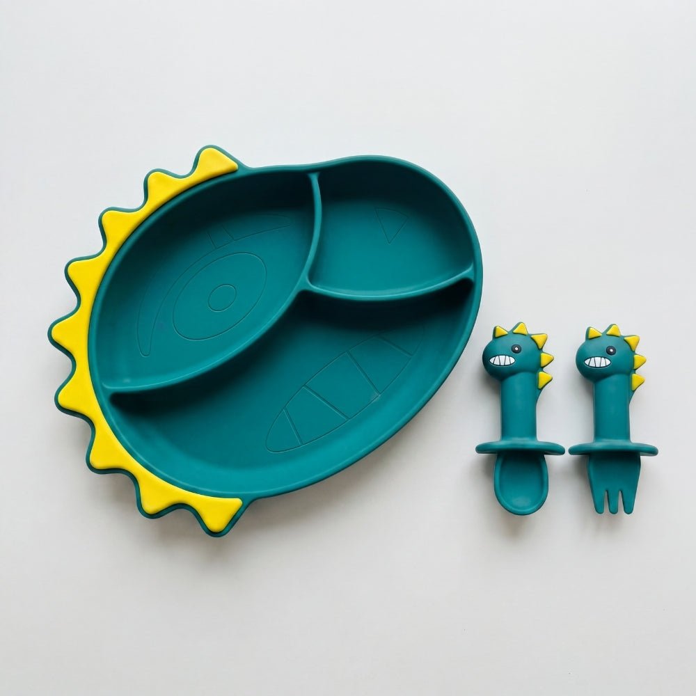 Baby Dino Silicon Suction Feeding Set-Plate With Spoon and Fork, (4Months+) - Baby Feeding set of 3 | haus & kinder