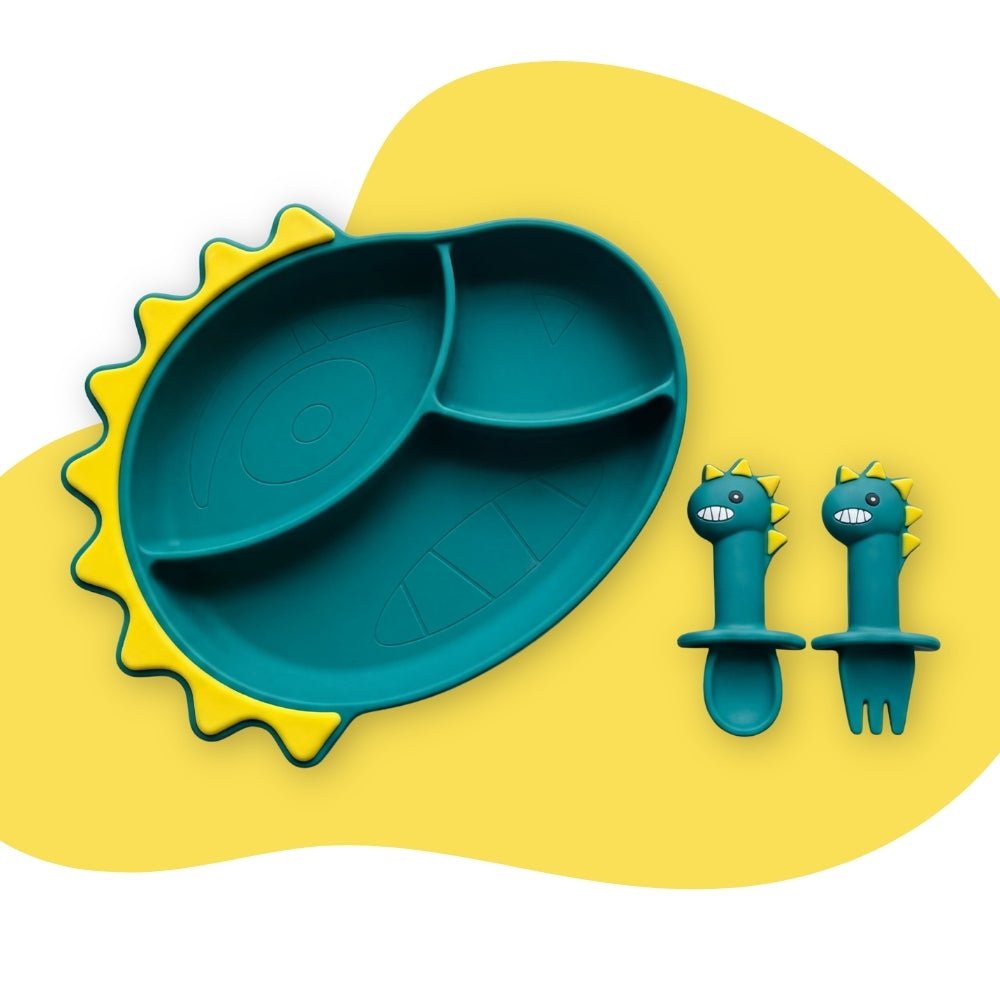 Baby Dino Silicon Suction Feeding Set-Plate With Spoon and Fork, (4Months+) - Baby Feeding set of 3 | haus & kinder