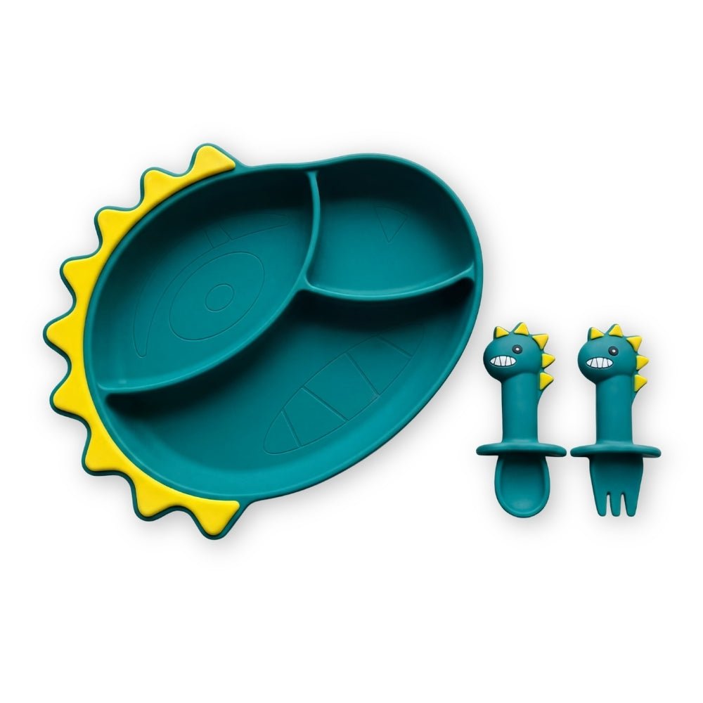 Baby Dino Silicon Suction Feeding Set-Plate With Spoon and Fork, (4Months+) - Baby Feeding set of 3 | haus & kinder