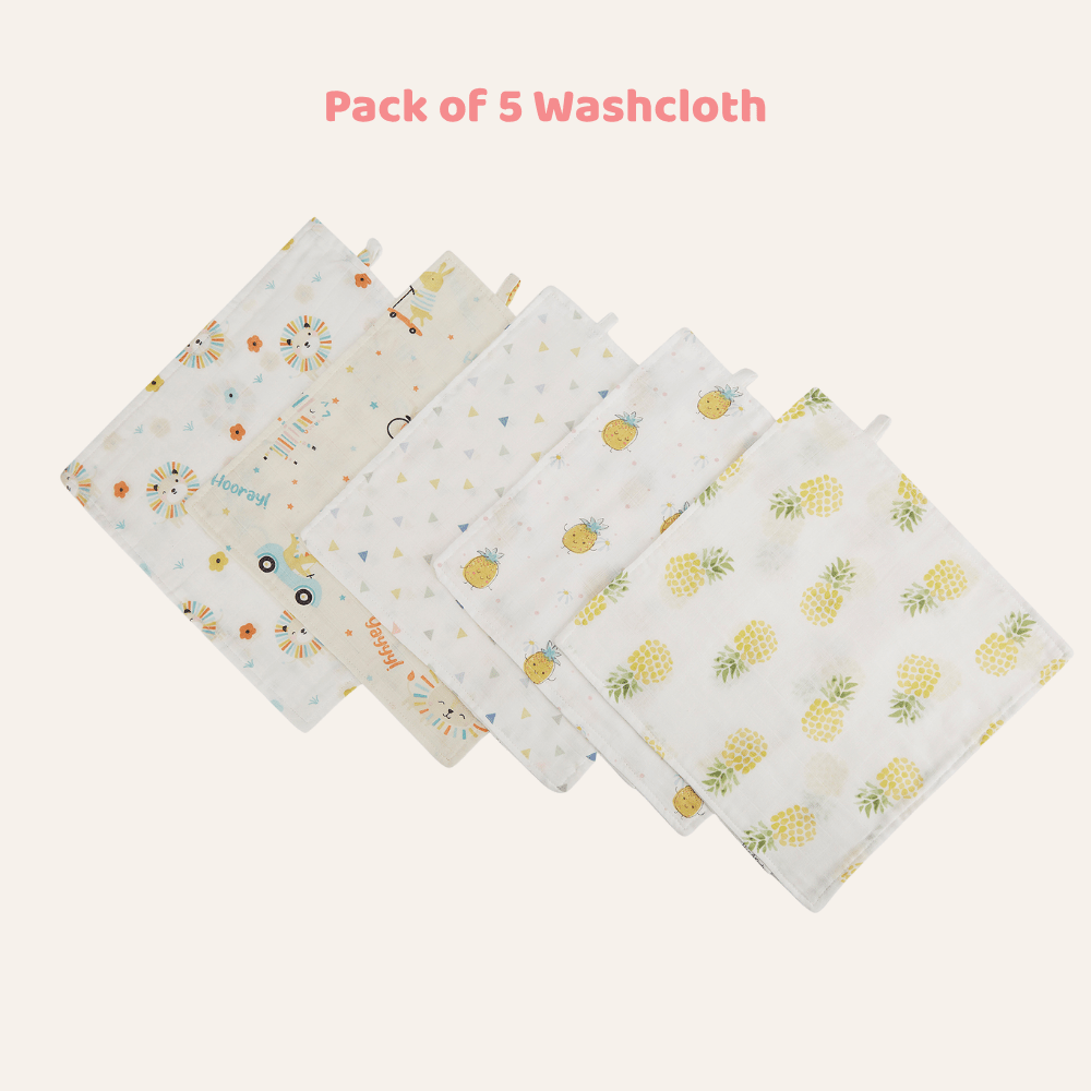 Jungle Party 100% Cotton Pack of 5 Wash Cloth 0 - 12 Months - Baby Essentials | haus & kinder
