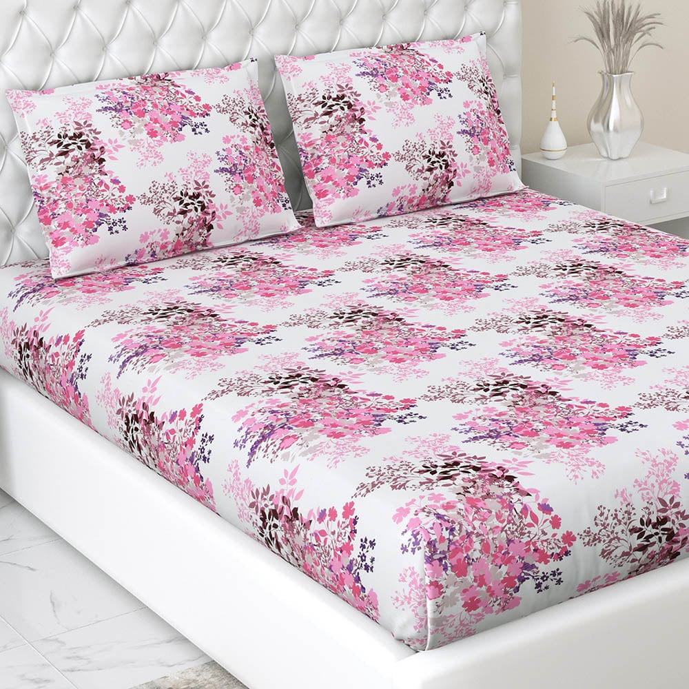 Greek Garden Romance 100% Cotton Double Fitted Bedsheet, 186 TC