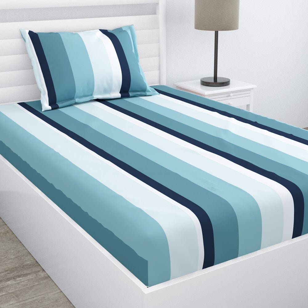 Coastal Stripes Navy 100% Cotton Double Fitted Bedsheet, 186 TC