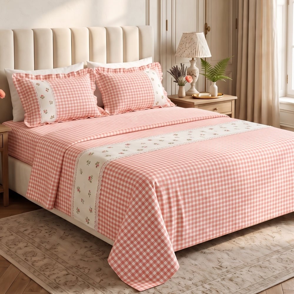 Petal Plaids Embroidered 100% Cotton Bed Cover Set, Blush - Bedcover | haus & kinder