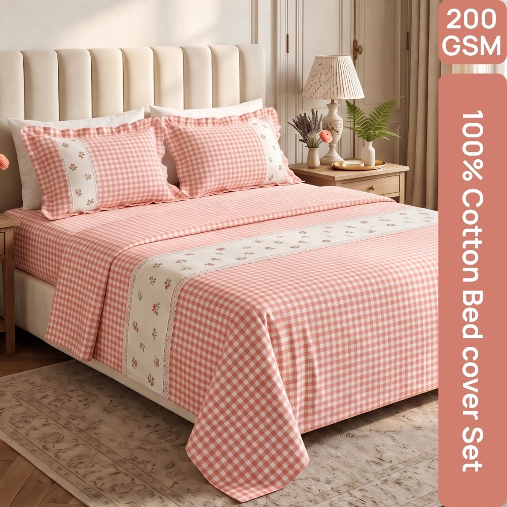 Petal Plaids Embroidered 100% Cotton Bed Cover Set, Blush - Bedcover | haus & kinder
