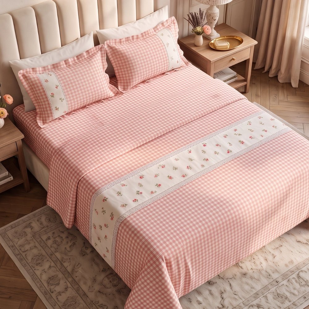 Petal Plaids Embroidered 100% Cotton Bed Cover Set, Blush - Bedcover | haus & kinder