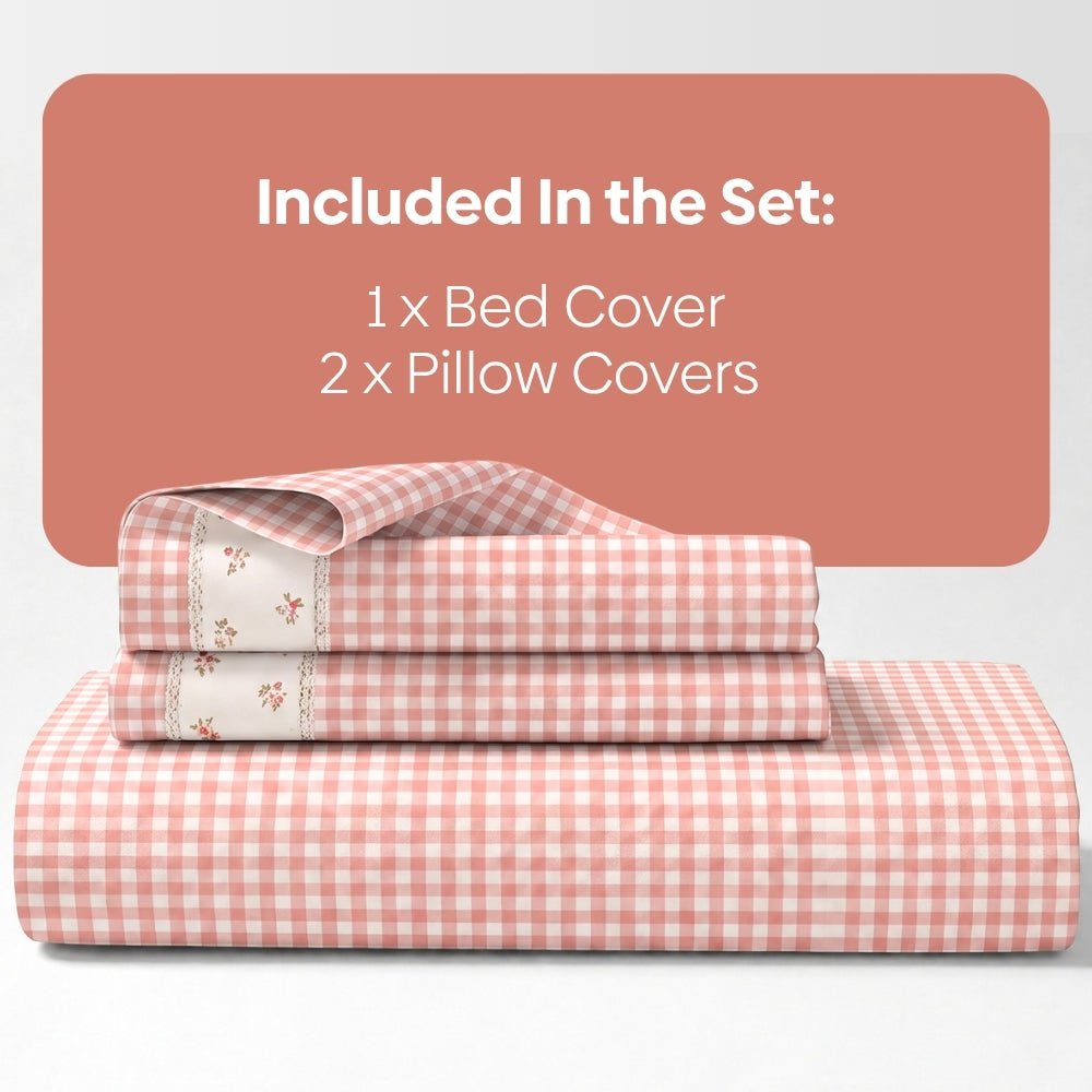 Petal Plaids Embroidered 100% Cotton Bed Cover Set, Blush - Bedcover | haus & kinder