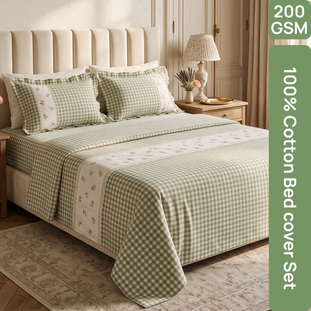 Petal Plaids Embroidered 100% Cotton Bed Cover Set, Sage Green