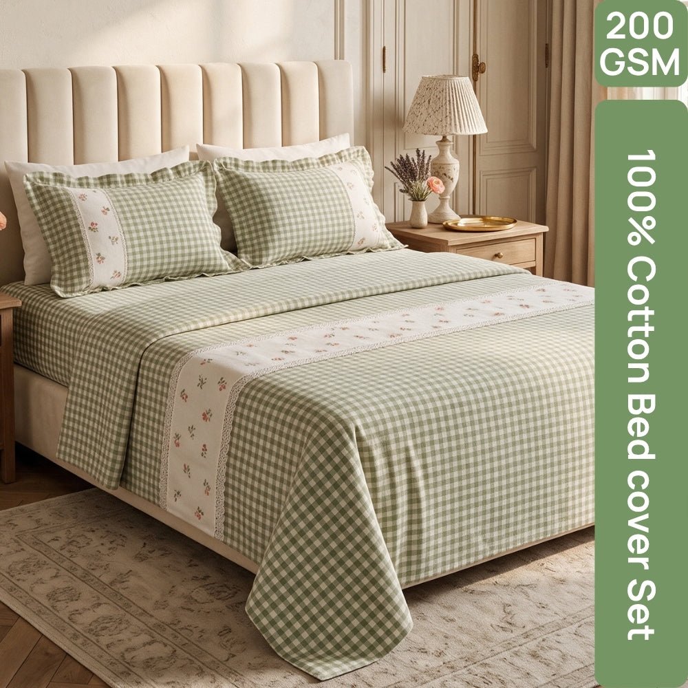 Petal Plaids Embroidered 100% Cotton Bed Cover Set, Sage Green - Bedcover | haus & kinder