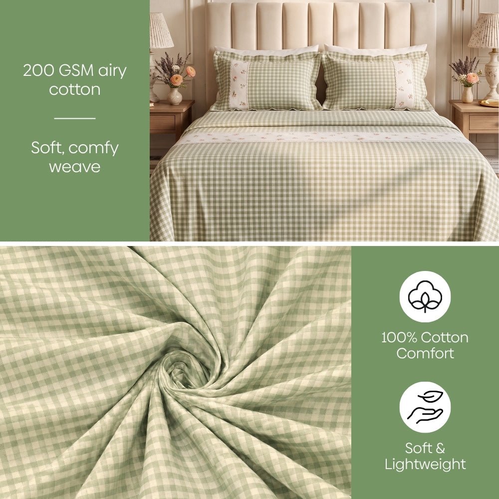 Petal Plaids Embroidered 100% Cotton Bed Cover Set, Sage Green - Bedcover | haus & kinder