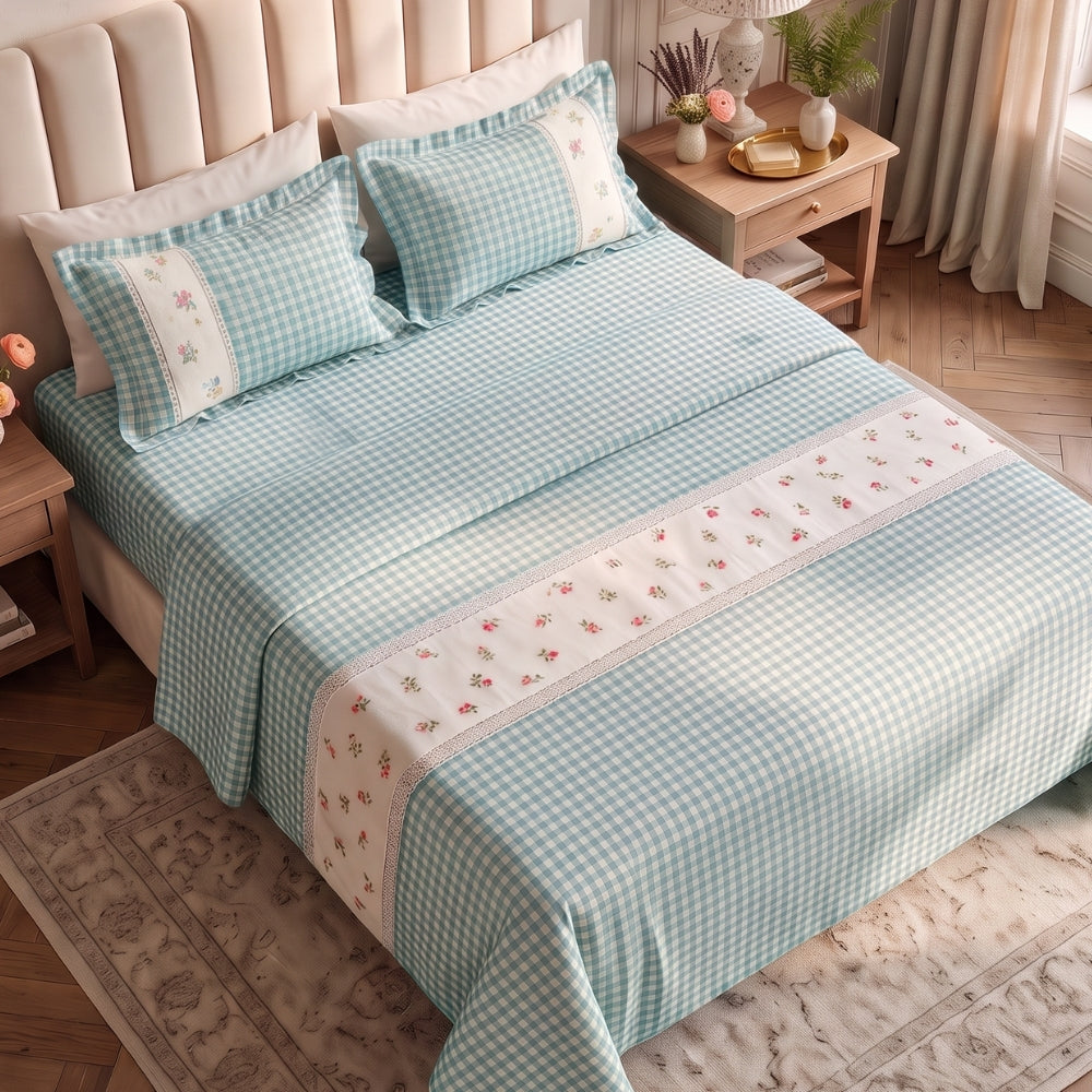 Petal Plaids Embroidered 100% Cotton Bed Cover Set, Sea Blue