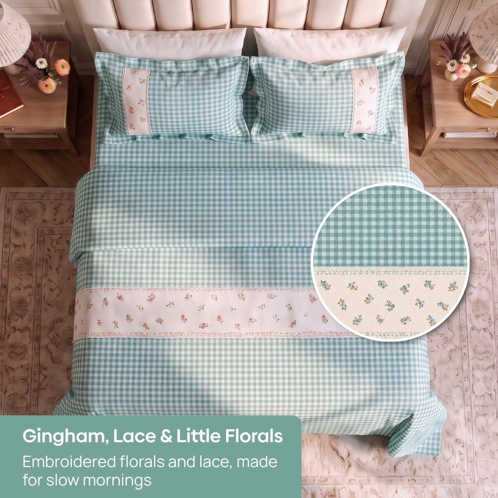 Petal Plaids Embroidered 100% Cotton Bed Cover Set, Sea Blue
